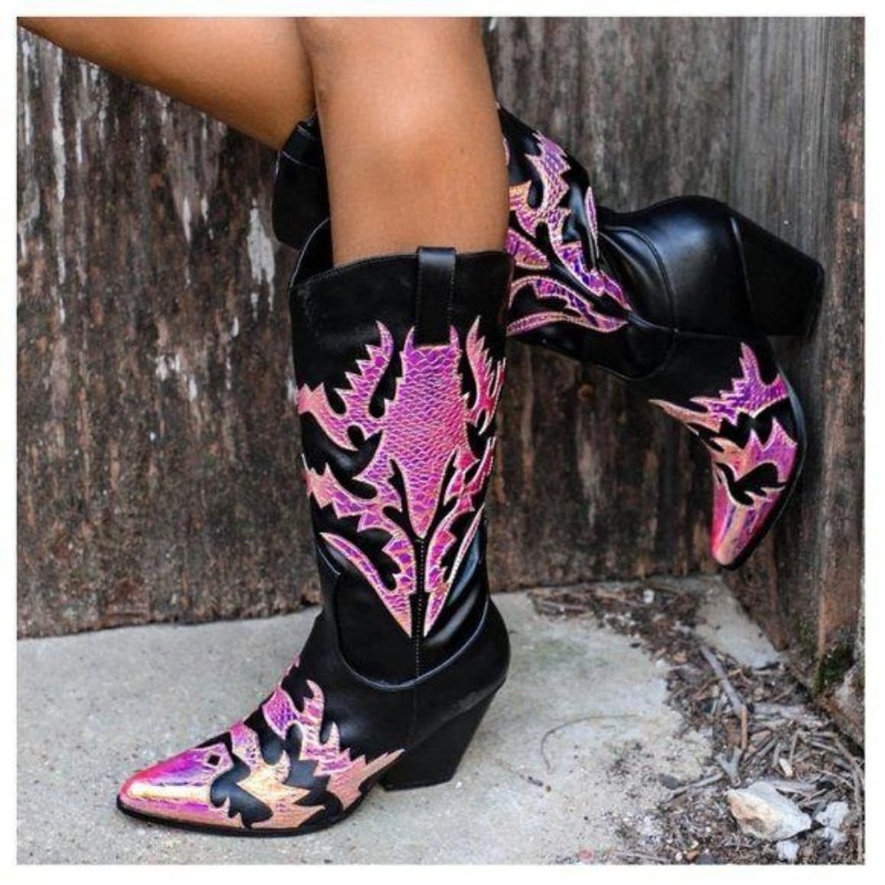 Mermaid & Black Western Cowboy Knee High Boots